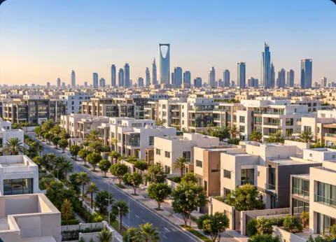 Residential districts of Riyadh with the city towers behind them
