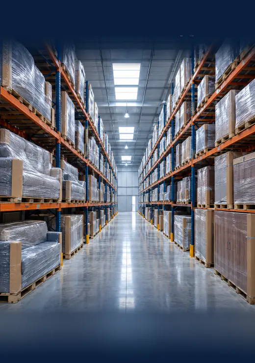 A clean, tidy storage hall with furniture wrapped in film on pallets and shelves